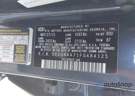 2015 Kia Optima Ex z USA, uszkodzony, nr VIN 5XXGN4A71FG484125